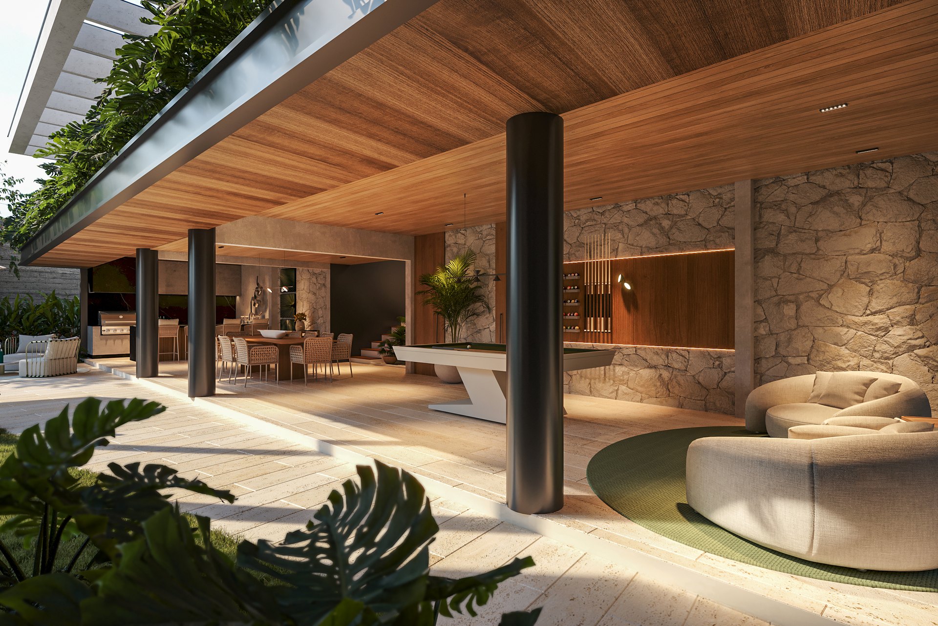 Área gourmet contemporânea com acabamentos em pedra e madeira